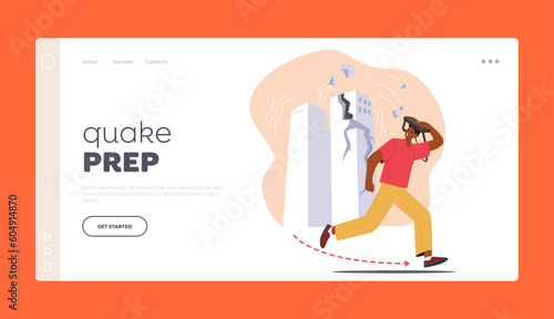 Quake Prep Landing Page Template. Fear-stricken Man Flees Shattered Building Amidst Earthquake Chaos Vector Illustration