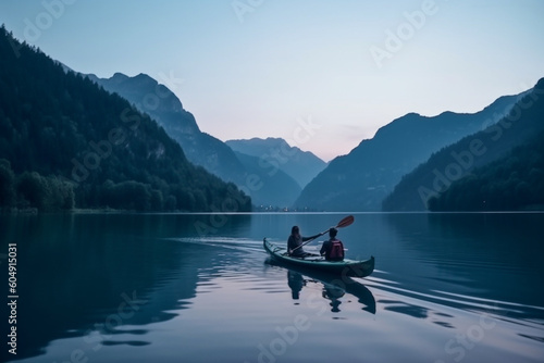 Couple rowing kayak in beautiful mountain lake at twilight floating on water with mistycal mood 