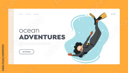 Ocean Adventures Landing Page Template. Experienced Diver Female Character Explore Underwater Wonders, Illustration