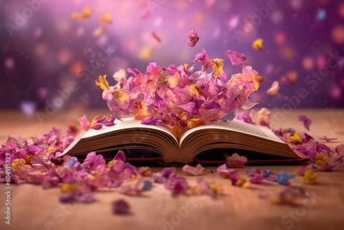 Book on flower petals, blurred spring background. AI generative