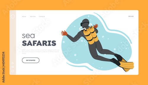 Sea Safari Landing Page Template. Diver Character Explore The Depths Of The Ocean, Equipped With Specialized Gear