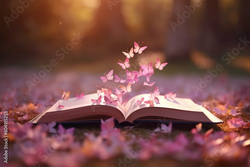 Book on flower petals, blurred spring background. AI generative