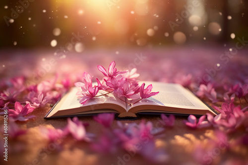 Book on flower petals, blurred spring background. AI generative