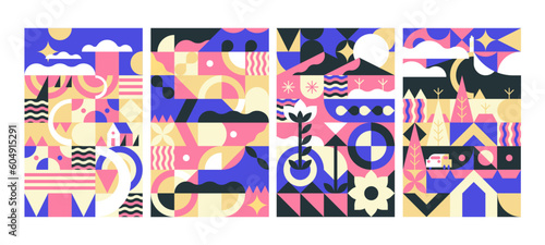 Fototapeta Naklejka Na Ścianę i Meble -  Geometric landscapes, vertical posters set. Nature, agriculture, flowers, trees stylized in abstract geometry-shaped pattern. Modern cover and cards designs. Colored flat vector illustrations