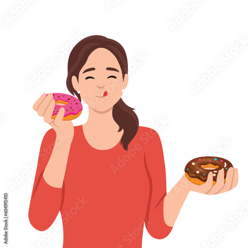 Satisfied beautiful girl eats donuts bought in store with fresh pastries and sweet desserts. Woman eats high-calorie buns covered with sugar icing enjoying donuts from fast food restaurants