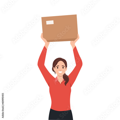 Woman holding package box up by her hands. Person working as a courier, delivery service. Brown package, idea of transportation.