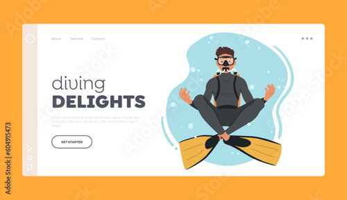 Diving Delights Landing Page Template. Diver Character Float in Lotus Yoga Pose, Achieving Inner Balance And Harmony