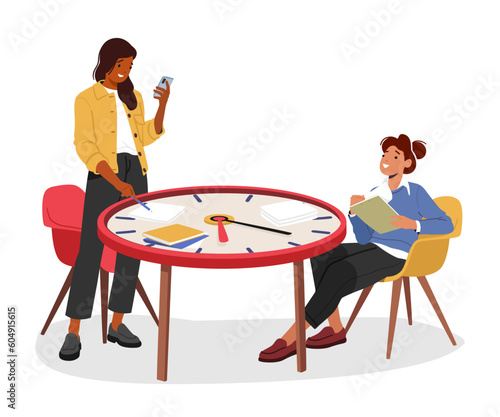Efficient Time Management. Women Characters Seated At Giant Clock Table, Multitasking With Smartphone And Papers