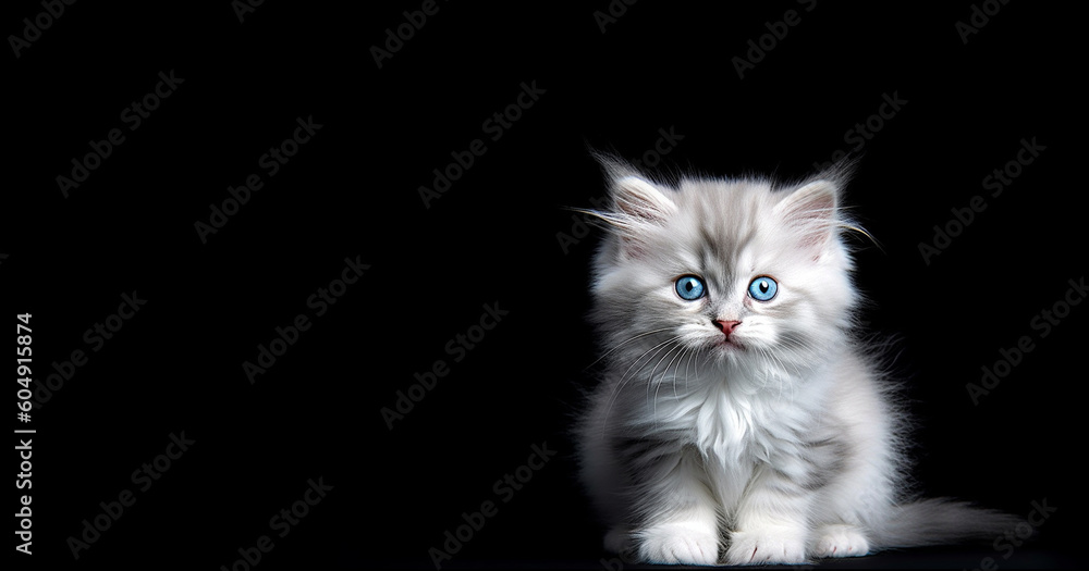 Cute fluffy kitten on a black background with copy space, adorable cat looking at camera, pet,animals,baby concept