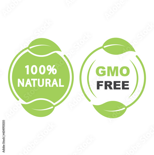 Natural leaf icon and  100% naturals vector, Gmo free, labell.