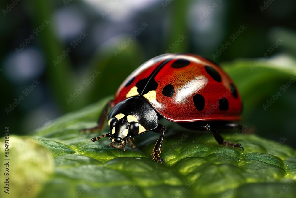 Close-up macro photo of a ladybug on a green leaf, an intimate glimpse into the world of insects made possible by Generative AI Close-up macro photo of a ladybug on a green leaf, an intimate glimpse into the world of insects made possible by Generative AI