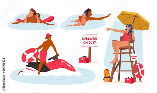 Lifeguard Characters On Beach Are Vigilant, Trained, And Responsible For Ensuring Safety And Preventing Accidents
