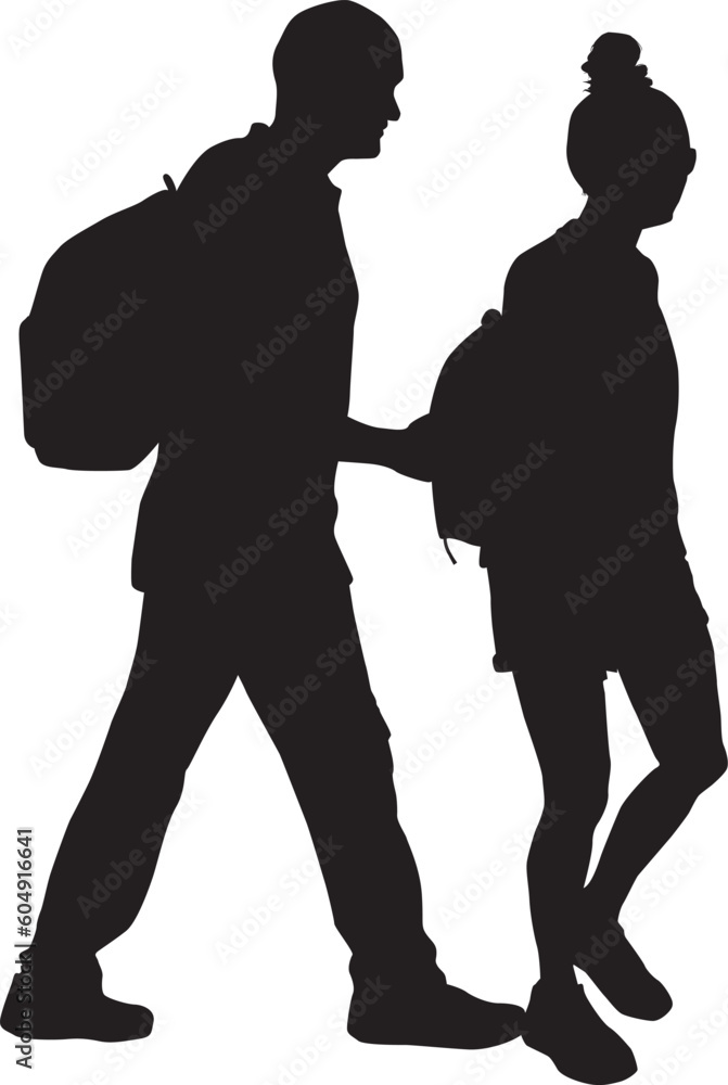 A couple of people walking with a backpack. A couple of people walking with a backpack.