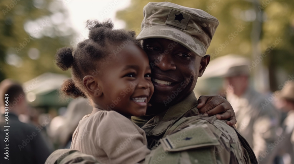 Fototapeta premium Affectionate military reunion between father and daughter, Generative AI