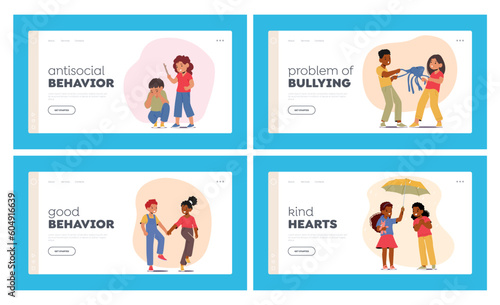 Children's Behavior Landing Page Template Set. Characters Sharing Toy, Helping Others, Playing Nicely Vs Tantrums