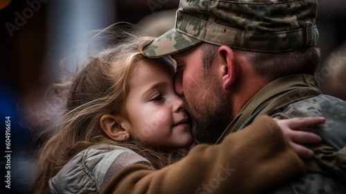 Affectionate military reunion between father and daughter, Generative AI