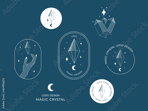 Crystal gem and moon outline logo illustrations. Magic crystal concept. Modern vector illustration. Transparent line art gem with stars. Minimalistic sticker design for web.