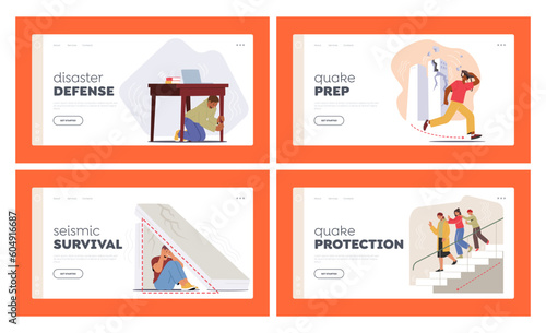 Earthquake Safety Rules Landing Page Template Set. Characters Cover, Stay Away From Windows. Plan Evacuation