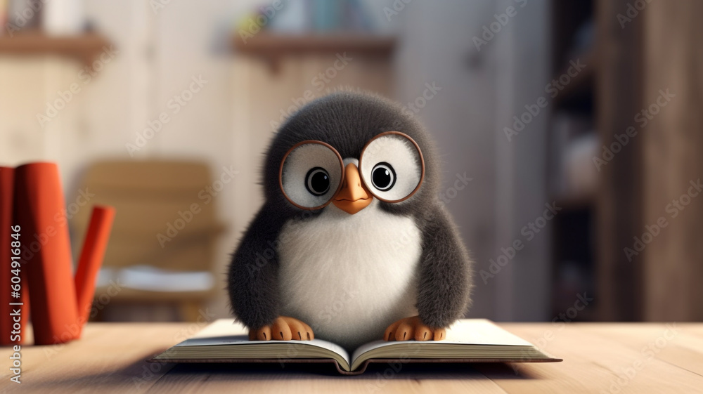 a cute penguin wearing glasses reading book in living room, learning and knowladge and wisdom concept, Generative AI a cute penguin wearing glasses reading book in living room, learning and knowladge and wisdom concept, Generative AI