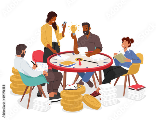 Efficient Time Management Symbolized By A Business Team Working On Huge Clock Table, Emphasizing Characters Productivity