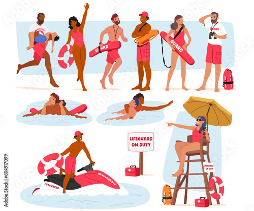 Vigilant, Trained, Watchful Lifeguard Characters Patrolling Sandy Shores, Ensuring Swimmers' Safety, Vector Illustration