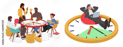 Time Management Concept With Business Team Characters Works At Table Made Of Huge Clock, Cartoon Vector Illustration