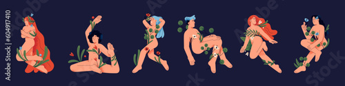 Self-love and acceptance concept. Women bodies in blossomed flowers set. Nude naked girls, females in nature, garden, plants. Sensuality, harmony and femininity. Isolated flat vector illustrations