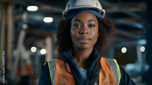 Confident black female builder looking at camera, Generative AI