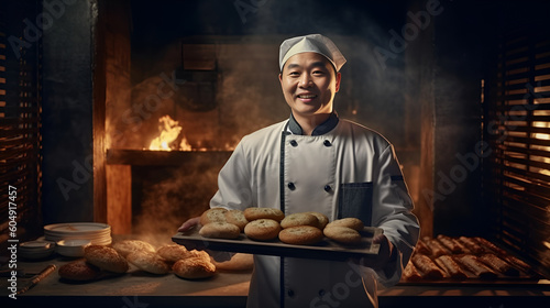 Chinese male in chef clothes while standing with tray of fresh bread and working in dark kitchen with utensils, Generative AI