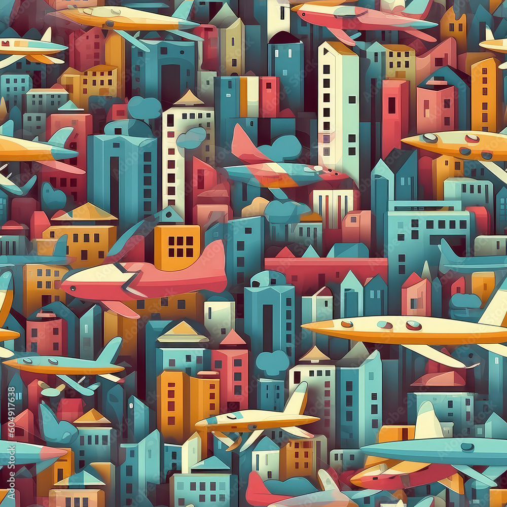Fantasy airplanes above city, seamless repeat pattern - colorful cubism, abstract art, trippy psychedelic [Generative AI]

