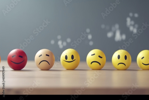 concept of bullying  discrimination, group of laughing emoticon faces and one alone look sad and depressed,