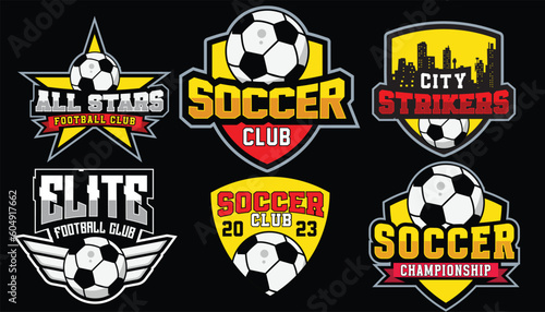 set of colorful soccer logos, and emblems collection. shield, wings, city, and football illustration logos on isolated backgrounds, editable text vector template, tournament and championship, leagues,