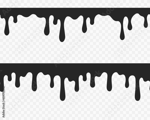 Drip set of oil, sauce or paint isolated on white background. Black chocolate melt liquid splash borders. Flowing sticky slime silhouettes. Vector ink drops seamless patterns