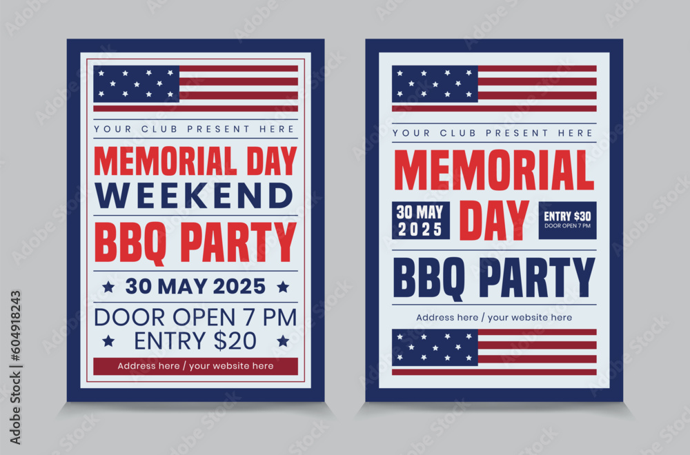 Fototapeta premium Memorial Day BBQ flyer template, Memorial Day invitation design vector.
