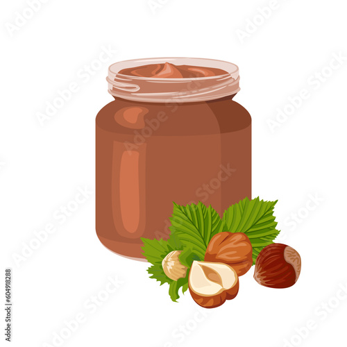 Chocolate spread with hazelnuts. Vector cartoon illustration of nougat cream in glass jar and heap of nuts.