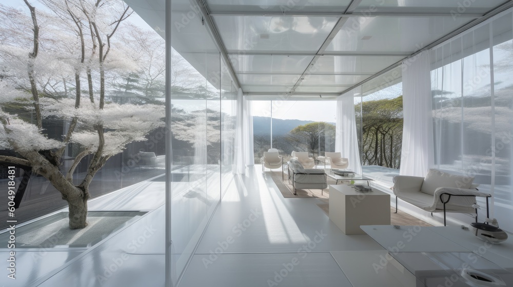 White transparent house with huge windows and space, relax place, living room terrace. Generative AI Technology White transparent house with huge windows and space, relax place, living room terrace. Generative AI Technology