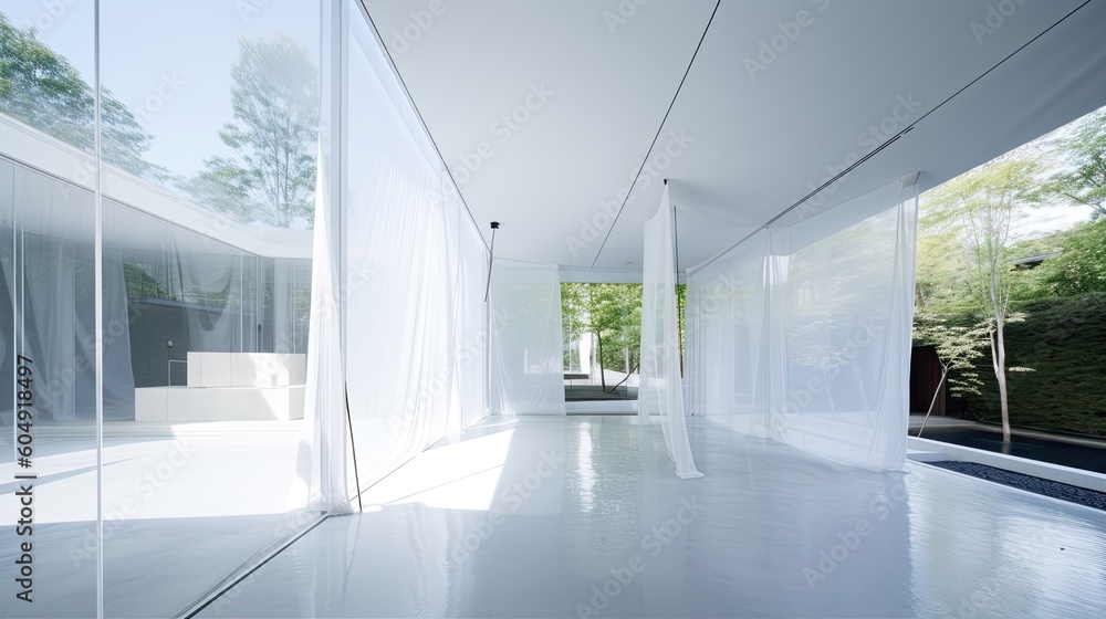 Fototapeta premium White transparent house with huge windows and space, relax place, living room terrace. Generative AI Technology