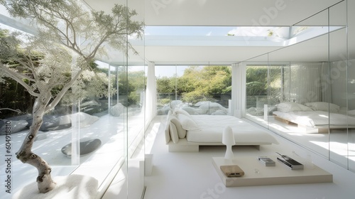 White transparent house with huge windows and space, relax place, living room terrace. Generative AI Technology © Dniel