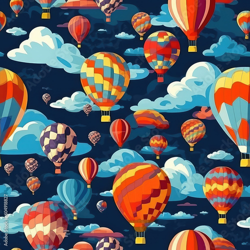 Hot air balloons and clouds seamless repeat pattern - fantasy colorful cubism, abstract art, trippy psychedelic [Generative AI]
