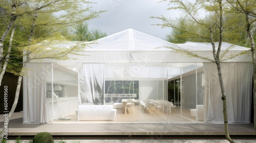 White transparent house with huge windows and space, relax place, living room terrace. Generative AI Technology