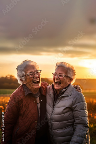 Elderly twins enjoying the autumn park together, radiating love, happiness, and togetherness. .Generative AI illustration.