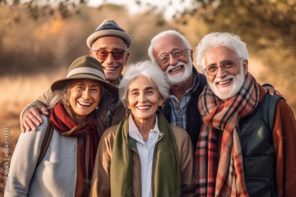 A joyful group of elderly friends enjoying the autumn outdoors, creating memories in the park . Generative AI illustration. A joyful group of elderly friends enjoying the autumn outdoors, creating memories in the park . Generative AI illustration.