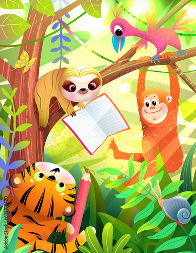 Cute animals reading book or study in jungle forest on the tree. Tiger, sloth and bird learning in rainforest. Colorful education illustration for children . Vector cartoon for kids with cute animals.