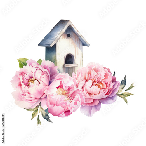 Watercolor birdhouse with peonies, summer floral blossom, Generative AI, png image.