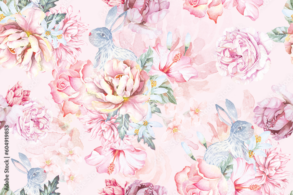 Seamless pattern of rose,rabbit and Blooming flowers with watercolor on pastel background.Designed for fabric luxurious and wallpaper, vintage style.Floral pattern illustration.Botany garden.