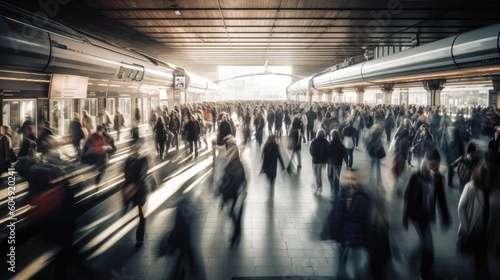 Blurred crowd people walking in train station. Generative AI