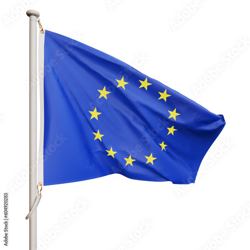 The flag of Europe flutters in the wind. On a transparent background. Rendering a 3D image
