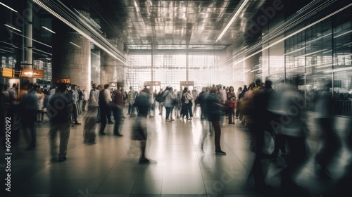 Blurred crowd people walking in train station. Generative AI