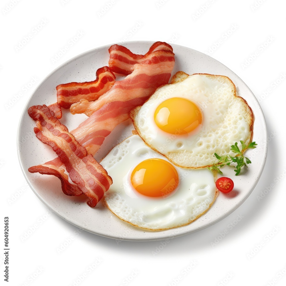 Delicious Fried Eggs and Bacon on a White Background Generative AI Delicious Fried Eggs and Bacon on a White Background Generative AI
