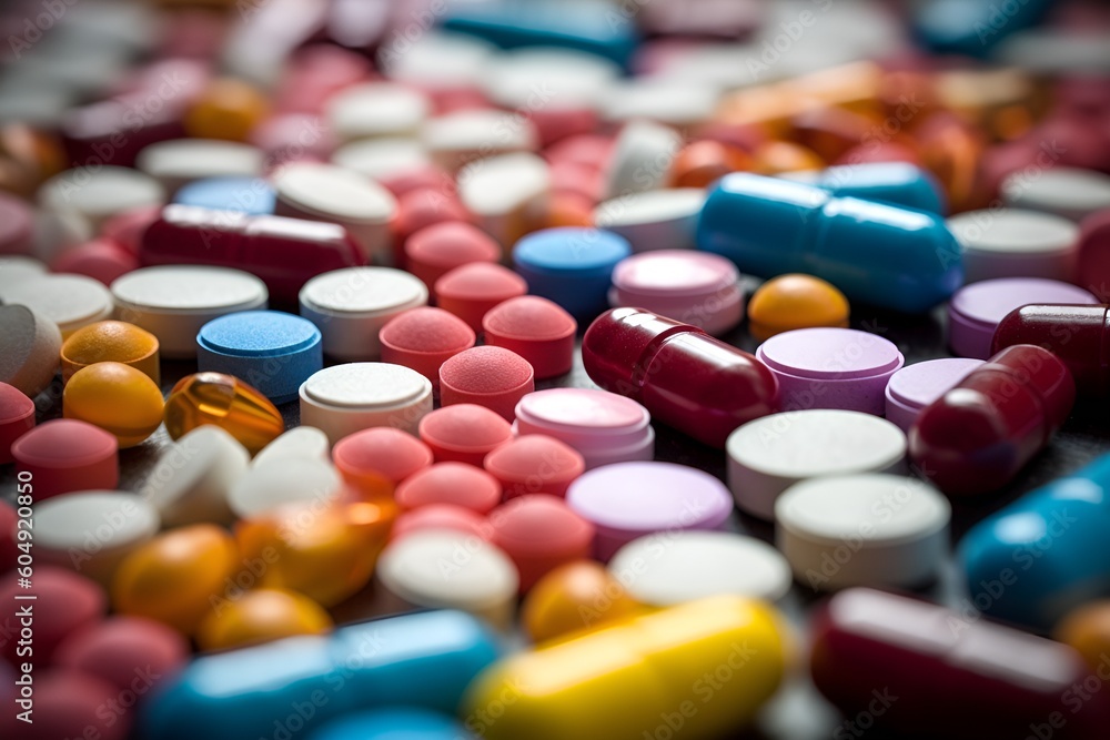 Macro shot of pills and capsules arranged artistically - Generative AI Macro shot of pills and capsules arranged artistically - Generative AI
